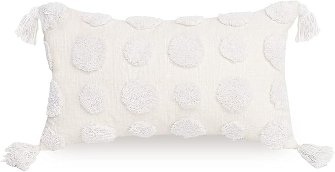 PLWORLD Boho White Lumbar Throw Pillow Cover 12x20 Inch with Tassels, Pom Pom Tufted Cream Chenille Fabric Small Accent Textured Cushion Case for Bed Couch, 1 PC Cover Only No Insert
