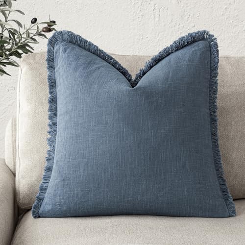 Foindtower Decorative Linen Fringe Throw Pillow Covers Cozy Boho Farmhouse Cushion Cover with Tassels Accent Pillowcase for Chair Sofa Bed Living Room Home Decor, 16×16 Inch,1PC,Dark Blue - color: Blue Ashes, size: 16" x 16" (Pack of 1)