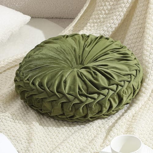 Drydiet 1 Pcs Round Throw Velvet Pillows Decorative Pleated Throw Pillows Diameter Accent Pumpkin Boho Chair Cushion for Couch Sofa Home Decoration (Dark Olive Green,15'') - color: Dark Olive Green, size: 15''