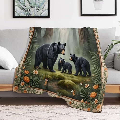 Fantasy Black Bear Forest Tree Flower Super Soft Throw Blanket, Mystical Fairy Green Flannel Fleece Decorative Throw for Sofa Couch Bedroom Decor Outdoor Use 30"x40" - color: Fantasy Black Bear Forest Tree Flower, size: 30"x40"
