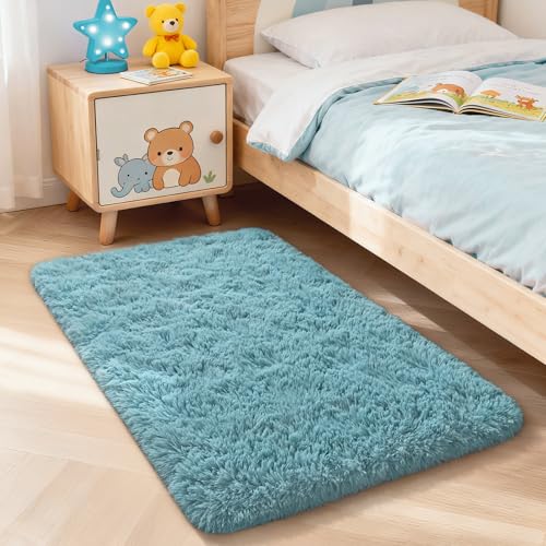 Merelax Modern Soft Fluffy Small Shaggy Rug for Bedroom Livingroom Dorm Kids Room Indoor Home Decorative, Non-Slip Plush Furry Fur Area Rugs Comfy Nursery Accent Floor Carpet 2x3 Feet, Turquoise Green - color: Turquoise Green, size: 2' x 3' (Rectangular)