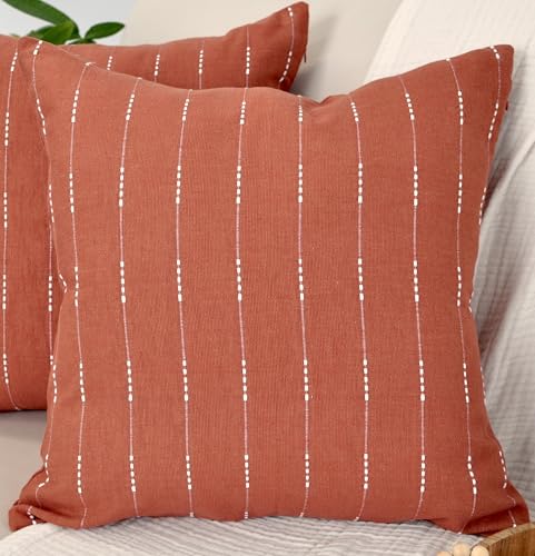 Modern Cotton Pillow Covers 18 x18 inches Terracotta/Woven Loom Stripe Pattern Contemporary Luxury Cushion Covers Burnt Orange/Simple Throw Pillow Cases for Living Room Sofa, Couch, Bed, Set of 2 - color: Rust Brown, size: 18" x 18" (Pack of 2)