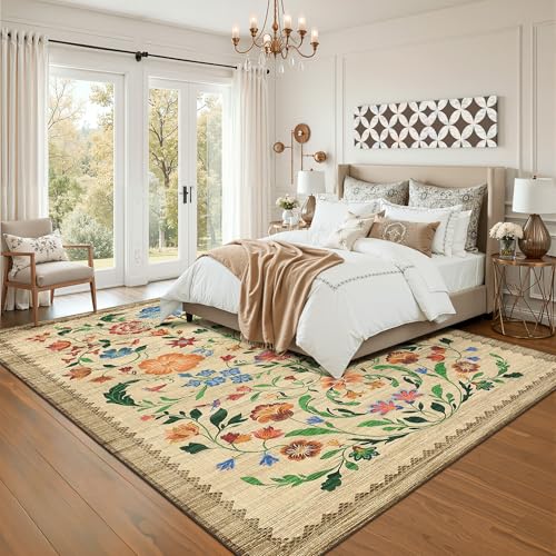 GarveeHome Washable Rug 4x6 Area Rugs for Living Room, Floral Rug for Bedroom, Soft Boho Non Slip Throw Rugs with Rubber Back, Low Pile Stain Resistant Vintage Floral Carpet for Dining Room, Beige - color: C Brown, size: 4' x 6' (Rectangular)