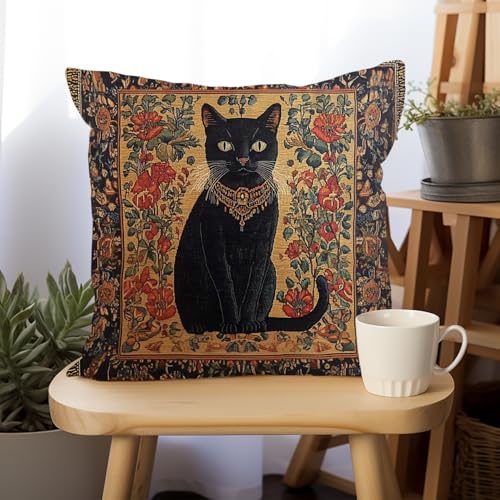 YOU FOUND ME William Morris Abstract Vintage Black Cat Design Throw Pillow Cover Home Decor, Art Decor Pillowcase Cushion Cover for Bed Sofa Living Room, Indoor and Outdoor 18x18inch (Black Cat4) - color: Black Cat4