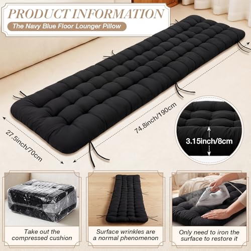 Wenqik Long Floor Cushion Large Floor Cushion with Brushed Cotton 74.8 x 27.5 x 3.15 in Jumbo Lounger Pillow for Outdoor Indoor Bay Window Meditation Yoga Reading Sleeping(Black) - color: Black