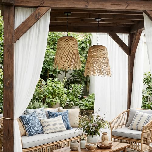 Livinlarge Bamboo Woven Outdoor Chandelier Small Hanging Rattan Solar Pendant Lights Modern Retro Boho Pendant for Gazebo Yard Porch Patio Garden Backyard Decor（1 Pack） - style: Rattan Pendant Lights