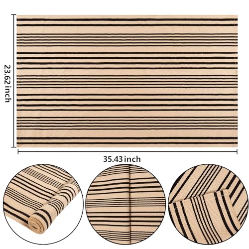 Front Outdoor Door Mat 2'x3',Tan Black Striped Outdoor Rug Machine Washable Cotton Layered Door Mat Entryway Throw Rug for Indoor Entrance - color: Black Khaki, size: 2' x 3' (Rectangular)