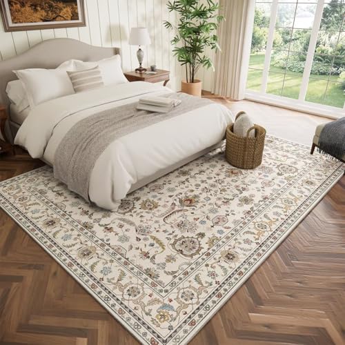 Washable 5x7 Area Rugs for Living Room, Boho Non-Slip Vintage Rugs for Bedroom Dining Room Nursery Office, 0.3" Neutral Oriental Throw Thin Carpet with Cushioning Pad, Beige/Rust/Multi, B1 - color: Beige/Rust/Green/Multi, size: 5' x 7' (Rectangular)