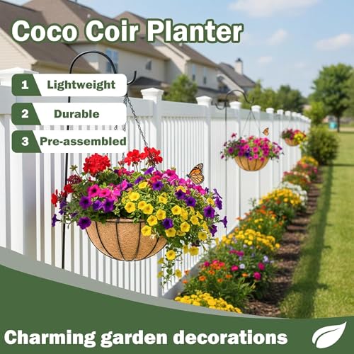 4 Pack 16 Inch Hanging Baskets for Plants Outdoor Metal Hanging Planter Basket with Coco Coir Liner Hanging Flower Baskets Hanging Flower Pots Holder for Garden, Patio(Watermelon) - size: 16 Inch, style: Garden