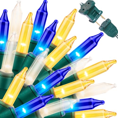 LAMPHOME Blue Yellow Clear Christmas String Lights, 150 Ct 31.9FT Incandescent Mini Fairy Lights, UL Certified White Wire Hanukkah Lights for Indoor Outdoor Holiday, Xmas Tree, Hanukkah & Patio Decor - color: Blue Yellow Clear 150 Count Green wire