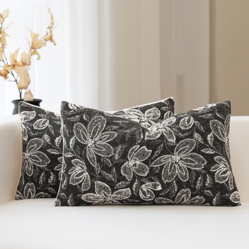 FIOUOVO Floral Throw Pillow Covers 12x20 Set of 2 Farmhouse Pillow Covers Vintage Neutral Accent Pillowcases Decorative Cushion Covers for Sofa Couch Living Room Bedroom Home Decor, Charcoal Black - color: Charcoal Black, size: 20" x 12" (Pack of 2)