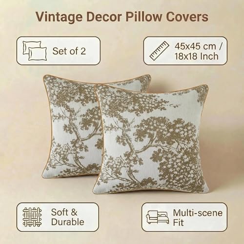 Mantle & Mason Floral 18x18 Throw Pillow Covers Set of 2, French Vintage Woven Jacquard Decorative Accent Pillow Cases for Couch, 430GSM Thick Chenille & Luxury Velvet, Beige - color: Tree Pattern Beige, size: 18" x 18" (Pack of 2)