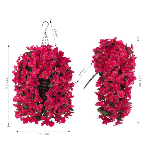 Bougainvillea Artificial Hanging Fake Flowers with Basket for Outdoors Decoration, Faux Silk Flowers UV Resistant Fake Plants Long Vines Realistic for Outside Front Door Balcony Porch Patio, Hotpink - color: Hotpink