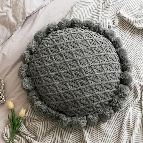 Byitre Bohemian Round Pillow 20 Inch | 100% Cotton Decorative Pillow Hand Tufted with Chunky Textured Poms | Boho Throw Pillow for Bed or Couch | Natural Grey Throw Pillow - color: Lattice Grey