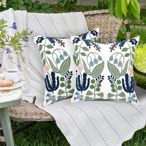Alysheer Summer Floral Embroidered Decorative Throw Pillow Covers 18"x 18" Set of 2, Farmhouse Navy Blue Flowers Green Leaves Tufted Patterned Cotton Cushion Cases for Couch Bed Living Room Decor - color: - Blue Green, size: 18" x 18" (Pack of 2)