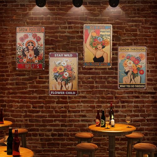 4PCS Vintage Tin Metal Sign, Boho Inspirational Wall Art Signs Decor, Flower Hippie Metal Poster Retro Signs for Gifts Women Office Bedroom Kitchen Living Room Cafes Bar Public 8x12 Inch (Tin Sign01) - color: Tin Sign01