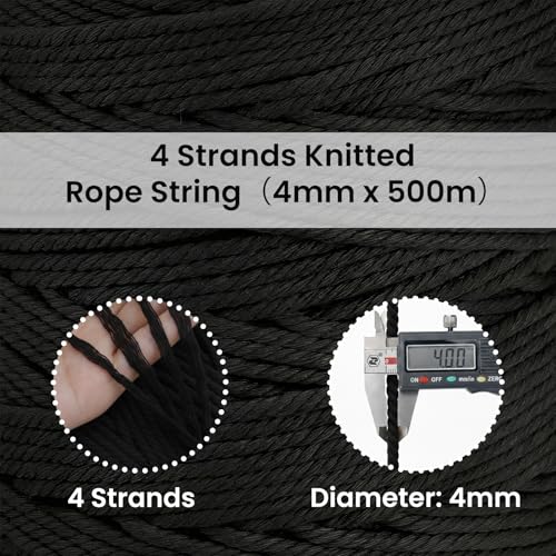 547 Yards Macrame Cord 4 Strand Twisted Recycled Cotton 4mm Black String for Crafts Wall Hangings Plant Hangers DIY Knitting Macrame Supplies - color: Black, size: 4mmx547Yards