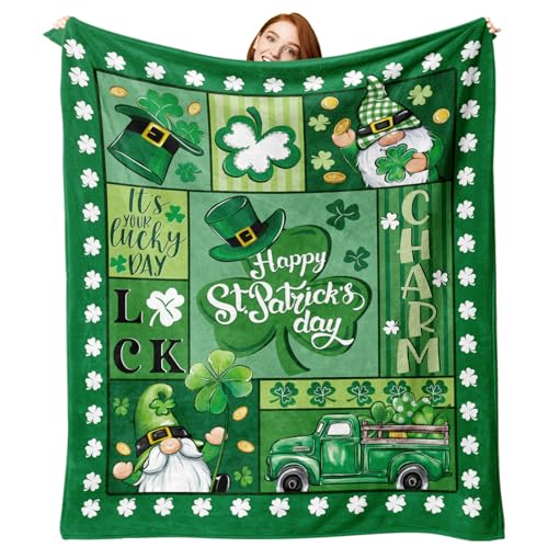 Happy St Patricks Day Flannel Throw Blanket, Lucky Charm Shamrock Clover Gnome Truck Top Hat Birthday Gifts for Kids Men Women, Irish Spring Gold Coins Soft Blankets for Bedding Sofa 50" x 60" - color: Happy St Patricks