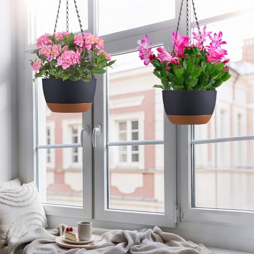 Set of 2 Hanging Planters for Indoor Outdoor Plants, 10 Inch Self-Watering Hanging Flower Pots with Drainage Hole & Removable Water-Storage Tray (Hooks) - color: Dark Grey, size: 10 Inch (M)