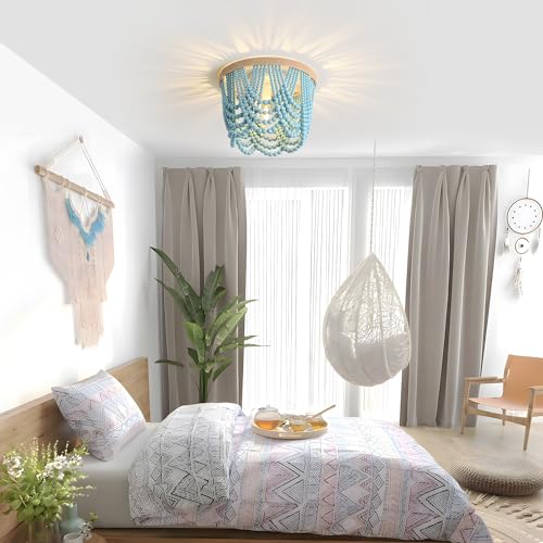 Bohemian Lighting Bohemian Chandelier Handmade Beaded Chandelier Bohemian Ceiling Beaded Lighting 3 Shallow Wood Beads Chandelier Nursery Bedroom Chandelier (Blue) - color: Blue