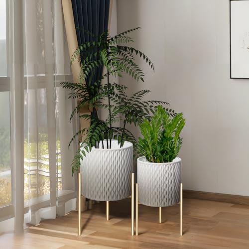 ARNIS Plants Pots with Stand,Set of 2 Flower Pots, Unique Mid Century Decorative Metal Flower Pots with Drainage,10.5&12.25 Inch, Grey and White - color: Grey & White, size: 10.5 &12.25