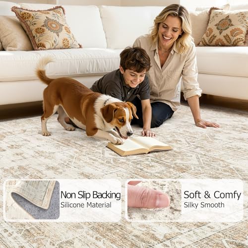 Washable Area Rugs 3x5, Soft Large 3x5 Rugs for Living Room Non-Slip Vintage Beige Indoor Carpet Stain Resistant Rugs for Dining Room Bedroom Nursery Kid & Pet Friendly - color: Beige, size: 3' x 5' (Rectangular)