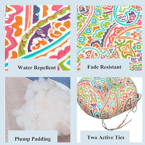 FUNHOME Outdoor Round Bistro Seat Cushions with Ties, Fluffy Tufted Patio Chair Pads 15"x15"x4", Set of 2 Water-Resistant Round Chair Cushions for Home Garden Melora Paisley - color: Colorful Paisley