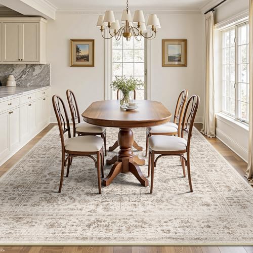 8x10 Area Rugs for Living Room, Washable Vintage Retro Floral Rug, Low Pile Non Slip Distressed Large Carpet for Bedroom, Dining Room, Office, Home (Light Brown) - color: E-light Brown, size: 8' x 10' (Rectangular)