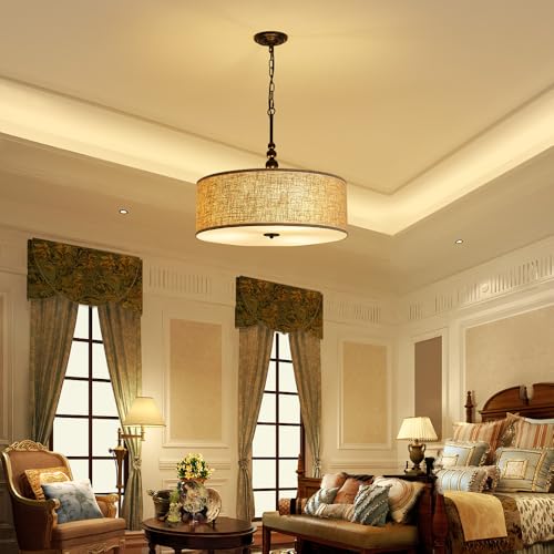 Shrine Lighting Drum Chandeliers, Farmhouse Style, Perfect Drum Pendant Light for Dining Room, D21'' x H8'', Adjustable Chains 59'', E26*3 Sockets, Beige Linen Fabric Lampshade & Black Rod - color: Beige&Black D20''