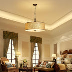 Shrine Lighting Drum Chandeliers, Farmhouse Style, Perfect Drum Pendant Light for Dining Room, D21'' x H8'', Adjustable Chains 59'', E26*3 Sockets, Beige Linen Fabric Lampshade & Black Rod - color: Beige&Black D20''