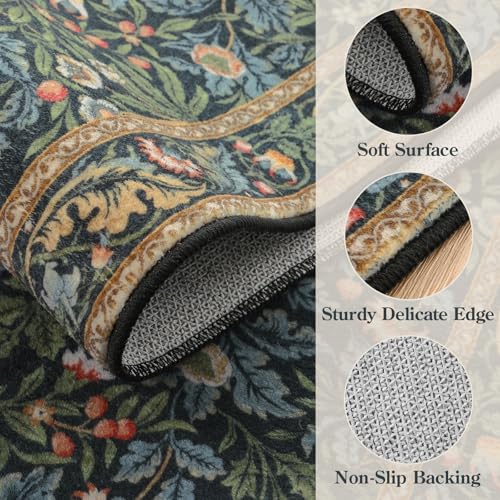 Beeiva Vintage Bird Washable Rugs for Living Room 5x7, Botanical Non Slip Stain Resistant Dining Room Rugs for Under Table, Floral Soft Carpet for Bedroom Dorm Classroom Decor (Dark Green/Navy Blue) - color: Dark Green/Blue, size: 5' x 7' (Rectangular)