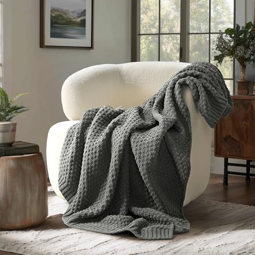 EVERGRACEHOME Chunky Chenille Knit Throw Blanket for Couch, Soft Luxurious Moss Stitch Blankets for Bed, Cozy Decorative Farmhouse Knitted Throws for Sofa, Charcoal Gray, 60" x 80" - color: Charcoal Gray, size: 60" X 80"