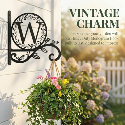 Personalized Metal Initial Letter W Plant Hanger Bracket, Decorative Wall Mount Hanging Plant Hook, Monogram Floral Leaf Garden Decor for Hanging Baskets, Bird Feeders, Lanterns, Wind Chimes - style: W