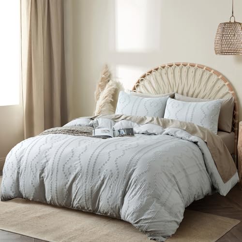 Duvet Cover Queen, 3PCS Boho Duvet Cover Set, Geometric Pattern Tufted Bohemian Comforter Cover Jacquard Knit Textured Bedding Set with Zipper Closure (Light Grey) - color: Light Grey, size: Queen