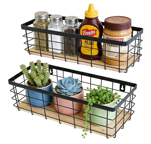 ShabbyDecor Metal Wire Basket Detachable Wood Base Storage Organizer Farmhouse Hanging Basket for Kitchen Cabinets, Bathroom, Pantry, Laundry Room Set of 2,Black Color - color: Black, size: Small&Medium