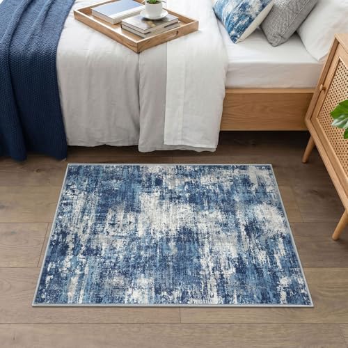 Lansny Abstract Small Area Rug 2x3 Entryway Rugs Washable Indoor Door Mat Entrance, Non Slip Kitchen Rugs, Rubber Backed Throw Rug Printed Faux Wool Floor Carpet for Front Door Foyer Entry Sink, Blue - color: Navy Blue / Slate Blue / Ivory, size: 2' x 3'