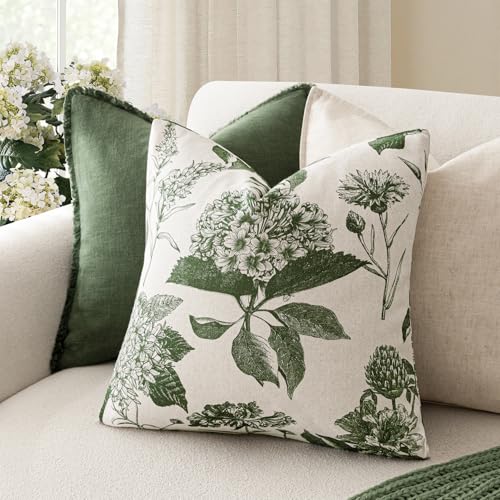 Foindtower Set of 2 Linen Floral Throw Pillow Covers Neutral Vintage Print Decorative Cozy Cushion Covers Farmhouse Boho Home Decor for Sofa Chair Couch Bedroom Living Room,18×18 Inch,Dark Green - color: Dark Green, size: 18" x 18" (Pack of 2)