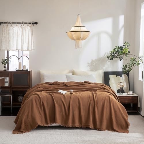 FOSSA Muslin Blanket with Fringe - 4-Layer 100% Cotton Gauze Super Soft & Breathable Throw -Lightweight Decorative Cooling Blanket for Bed, Sofa, Office (Dark Orange, Queen (90" × 90")) - color: Dark Orange, size: Queen (90" × 90")