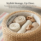 DEILSY™ Natural Water Hyacinth Round Storage Ottoman with Removable Lid, Fabric Liner & Wooden Feet – Handwoven Footstool Ottoman for Living Room, Bedroom & Entryway