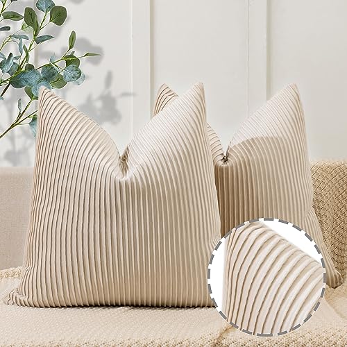 YCOLL Beige Pillow Covers 24x24 Set of 2 Velvet Striped Pattern - Soft Throw Pillows for Home Decor, Luxury Decorative Pillow Covers for Couch, Bed,Living Room - color: Beige, size: 24" x 24" (Pack of 2)