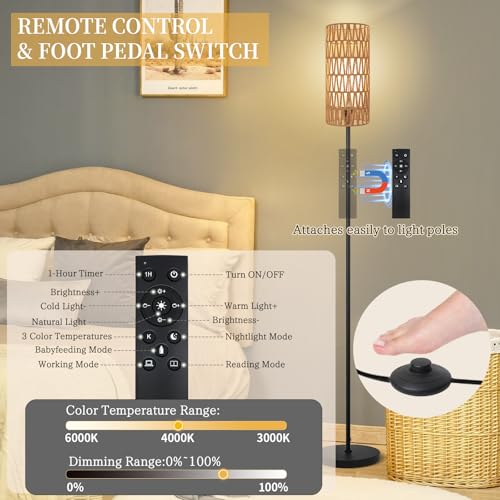 Ruiever Floor Lamp for Living Room,Farmhouse Floor lamp,Modern Standing lamp with Hand-Worked Rattan Shade (Double Shade-with Remote) - style: Double Shade-with Remote