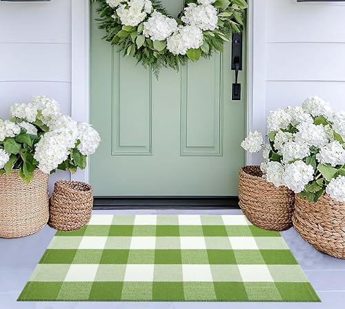 Green and White Front Door Mat 24"x35",Buffalo Plaid Front Porch Rug Cotton Woven Machine Washable Reversible Farmhouse Layered Doormat for Patio,Entryway,Bedroom,Bathroom - color: Green White, size: 2' x 2'11" (Rectangular)