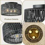 12.6”Rattan Flush Mount Ceiling Light Fixtures, 3-Light Boho Light Fixture Rattan Hand-Woven Chandelier Close to Ceiling Light Fixture for Bedroom Hallway Kitchen Dining Room Nursery(Black) - color: 12.6”Black