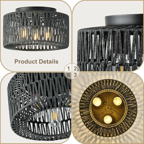 12.6”Rattan Flush Mount Ceiling Light Fixtures, 3-Light Boho Light Fixture Rattan Hand-Woven Chandelier Close to Ceiling Light Fixture for Bedroom Hallway Kitchen Dining Room Nursery(Black) - color: 12.6”Black