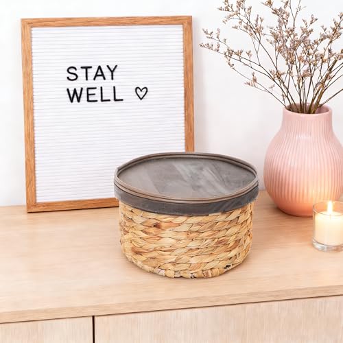 Small Water Hyacinth Storage Basket with Wooden Lid, 7.45" D x 4.1" H Handwoven Round Organizer for Bathroom Vanity, Desk Drawer & Countertop (Small) - size: Small