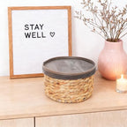 Small Water Hyacinth Storage Basket with Wooden Lid, 7.45" D x 4.1" H Handwoven Round Organizer for Bathroom Vanity, Desk Drawer & Countertop (Small) - size: Small