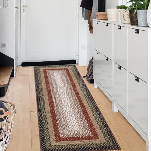 RUGSREAL Washable Runner Rug 2x8 Non Slip Braided Hallway Runner Rug Stain Resistant Kitchen Runner Farmhouse Printed Carpet Rustic Accent Mat for Living Room Bathroom Entryway, Crimson/Earthy - color: Crimson/Earthy, size: 2' x 8' (Runner)
