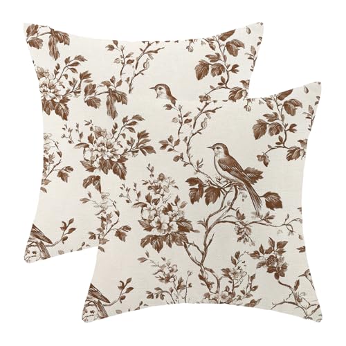 Brown Pillow Covers 18x18 Set of 2 Chinoiserie Flower Bird Throw Pillow Covers Outdoor Decor Spring Summer Vintage Floral Pillowcase Farmhouse Decorative Linen Cushion Case for Home Couch Sofa - color: A-floral Birds-brown, size: 18" x 18" (Pack of 2)