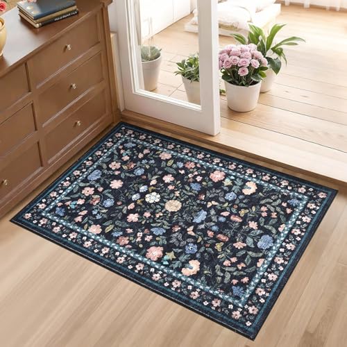 GarveeHome 2x3 Floral Rugs for Entryway, Non-Slip Soft Vintage Throw Door Mat, Low Pile Foldable Farmhouse Carpet, Non-Shedding Indoor Washable Small Rug for Bedroom, Dark Grey Blue - color: Dark Grey Blue, size: 2' x 3' (Rectangular)