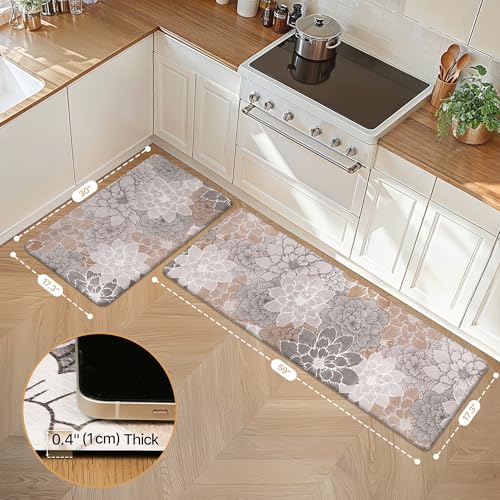 GENIMO Kitchen Mats for Floor, Kitchen Rugs Non Slip Washable Sets of 2, Waterproof Cushioned Anti Fatigue Mat, Floral Runner Rug for Laundry, Sink, Office, Home, 17.3"x59"+17.3"x30", Taupe Grey - color: Taupe Grey, size: 17.3"x59"+17.3"x30"